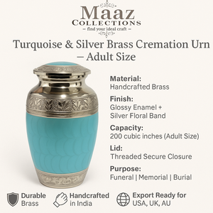 Urne de crémation en laiton floral turquoise et argent de style américain fabriqué à la main Urne funéraire commémorative de taille adulte pour les cendres humaines - Product Image 3
