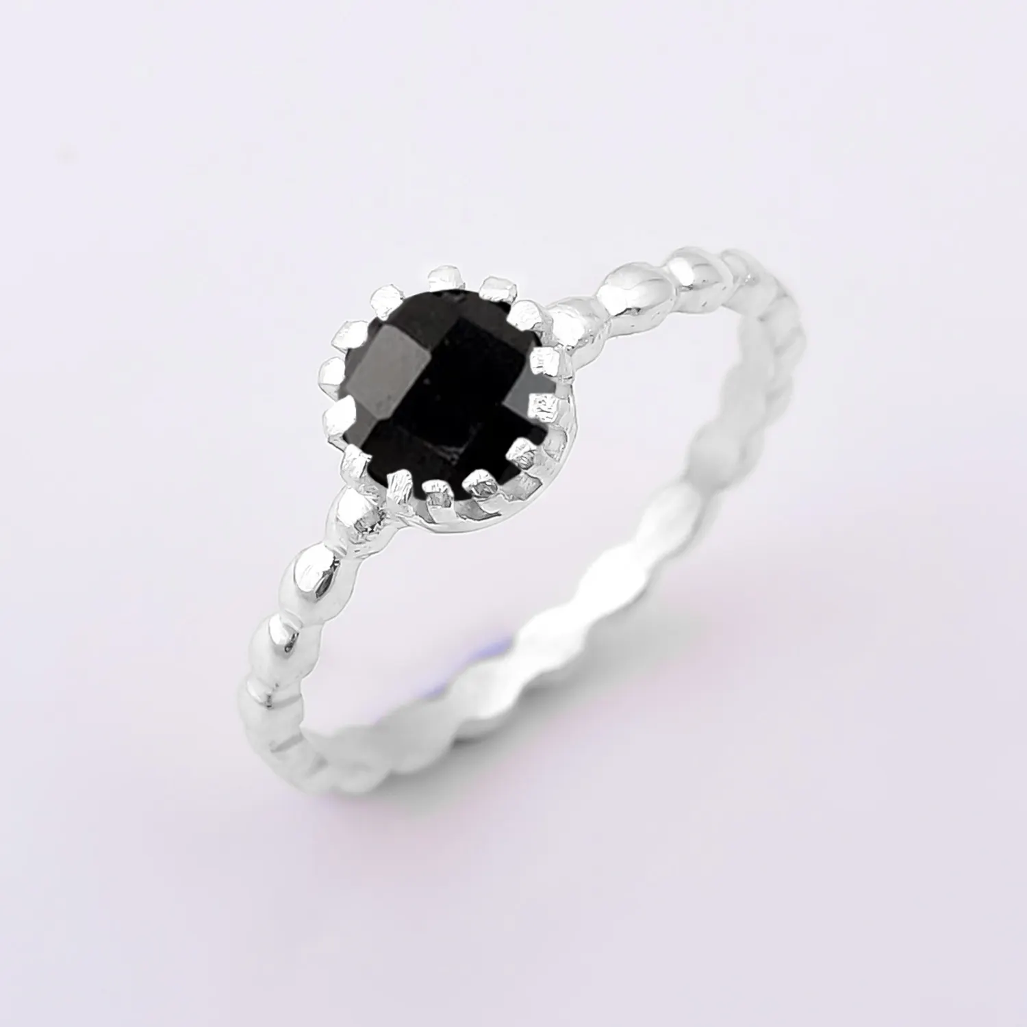 Cincin perak murni 925 permata hitam Onyx 6mm tali desain batu permata cincin grosir perhiasan untuk wanita