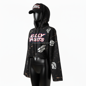 Haut court à capuche pour femme en molleton premium 320 GSM, noir doux délavé, impression en relief haute densité, logo personnalisé, style streetwear - Product Image 4