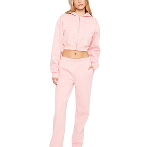 Conjunto personalizado de 2 piezas de algodón pesado, sudaderas con cremallera recortada, pantalones de chándal de pierna recta, chándal con logotipo desgastado para mujer - Product Image 1