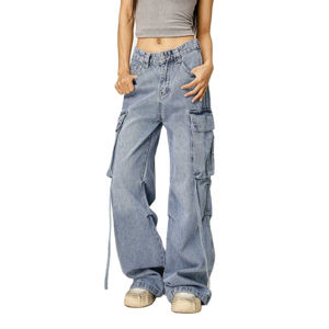กางเกงยีนส์ทรงหลวมขากว้างสำหรับผู้หญิงกางเกงยีนส์สไตล์คาร์โก้มีกระเป๋าสไตล์ลำลองและมีสไตล์ - Product Image 4