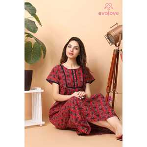 Chemise de nuit maxi décontractée Evolve pour femme en coton imprimé bordeaux, super confortable et douce, avec taille élastique, idéale pour la nuit - Product Image 3