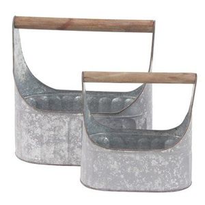 Authentic galvanized planter bucket with faded outhouse imagery for vintage <b>gardening</b> and classic <b>country</b> landscape use - Product Image 2