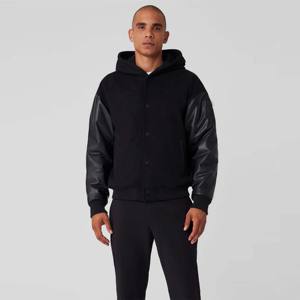 Chaqueta de bombardero de moda para hombre con mangas de cuero real, ropa de abrigo ligera ajustada con cierre de cremallera, perfecta para ropa informal - Product Image 2