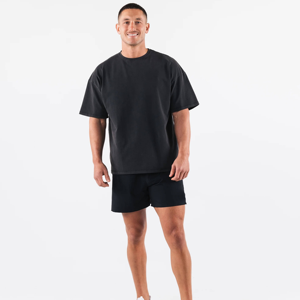 Camiseta Deportiva Negra Extra Grande de Punto Lavado para Hombre, Camiseta de Algodón Estilo Urbano, Corte Holgado, Manga Corta, Hombros Caídos, Cómoda para el Gimnasio - Product Image 1