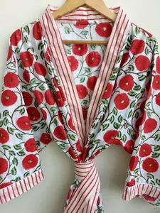 เสื้อคลุมยาวของผู้หญิงดีไซน์ทันสมัยหรูหรา100% ชุดกิโมโนผ้าฝ้ายระบายอากาศได้แขนบานออกตรงซักได้ - Product Image 2