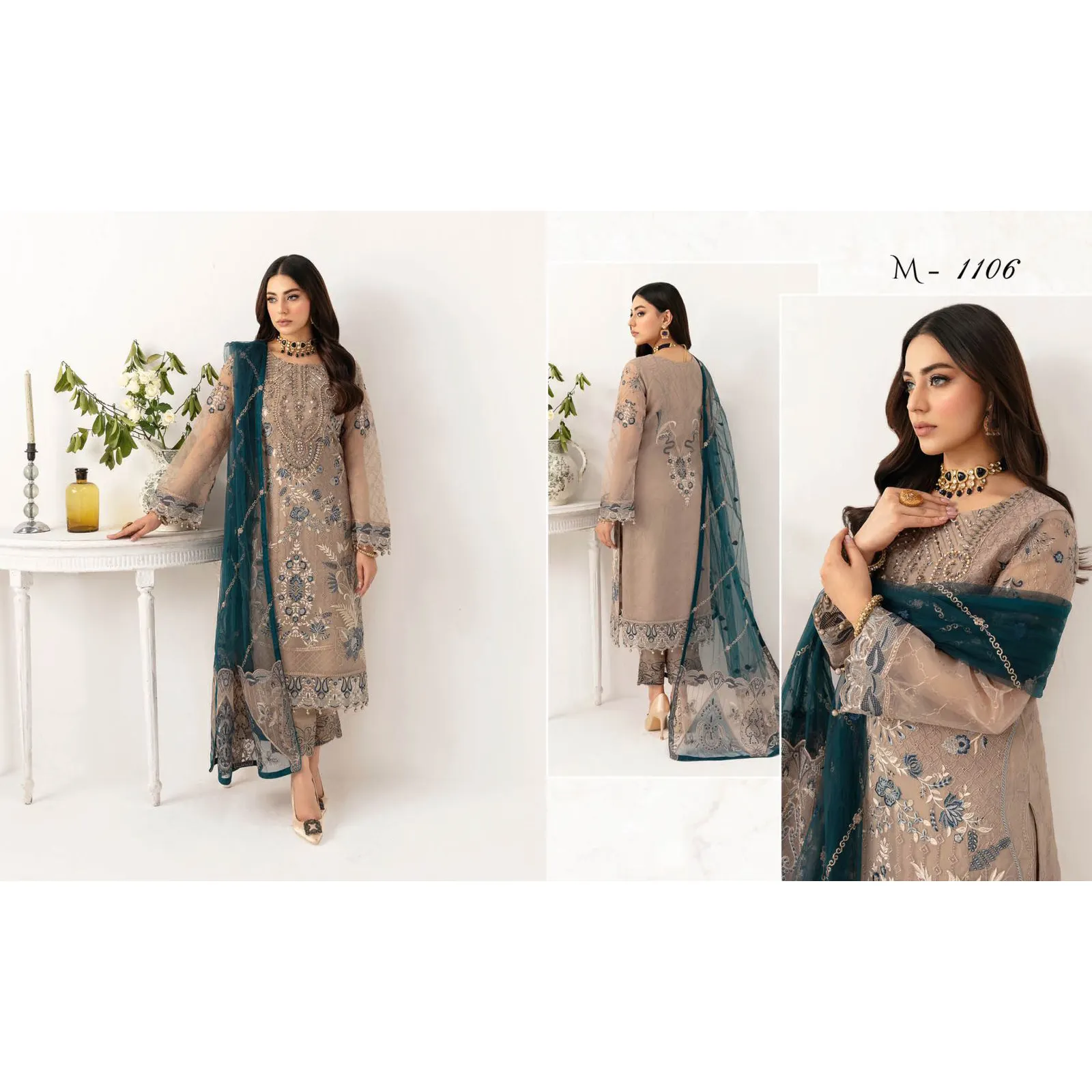 2024 New Arrival Boutique Hot Sale High Quality Long Sleeve Net And Organza Dupatta Wholesale Ladies Clothing 3 Piece Dress