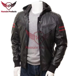 Chaqueta de Cuero Genuino para Hombre, con Capucha, Franja Roja en las Mangas, Estilo Bomber, Detalles en Tejido de Punto, Diseño Clásico, Abrigo Cálido de Invierno - Product Image 2