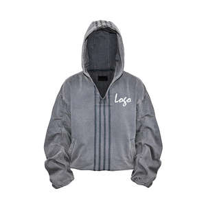 Personalizado bordado Dtg impreso Logo recortado sólido Streetwear Vintage ácido lavado cuello en V desgastado 100% algodón Sudadera con capucha - Product Image 5