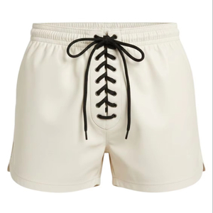 Shorts en cuir véritable pour hommes, à lacets sur le devant, avec taille élastique, blanc ivoire, pour un usage quotidien et des activités de plein air - Product Image 1
