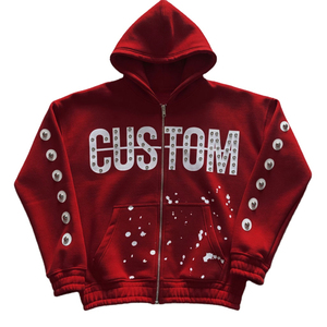 Sudadera con capucha de algodón grueso personalizada al por mayor con cremallera completa, mangas con pedrería y salpicaduras de pintura, estilo oversize, para unisex - Product Image 5