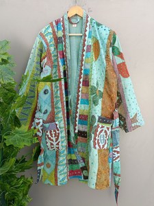 Vintage Kantha veste femmes brodé à la main matelassé coton Robe poche longue coupe hiver plage fête porter nouveauté-taille XL - Product Image 5