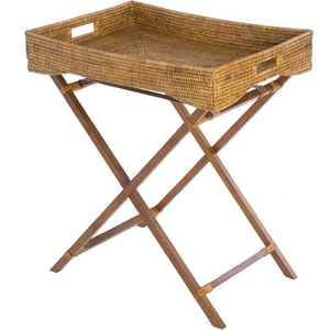 Bandeja de mayordomo de ratán La Jolla con soporte de madera de teca plegable tejido a mano de Vietnam, decoración conveniente - Product Image 1