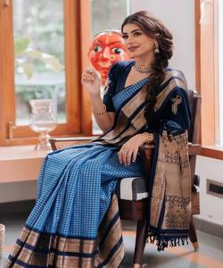 Sari de seda Banarasi de diseño con trabajo de tejido, blusa sin coser, para fiestas, todas las estaciones, precio al por mayor, prenda étnica, azul - Product Image 2