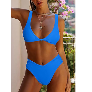 Ensemble de bikini string uni à jambe haute et col en V avec nœud sur le devant Maillot de bain deux pièces Logo personnalisé Culotte périodique étanche - Product Image 4