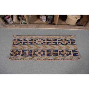 Vintage Turkish Rug Classic Blue Orange 1.6x3.8ft Handmade Wool Puzzle Patchwork Design for Entryway Rectangular Hallway Latex - Product Image 4