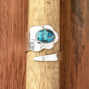 Oval Blue <b>Copper</b> Turquoise Gemstone Ring 925 Sterling Silver Adjustable Hammered Band Bohemian Style for Christian Women - Product Image 1