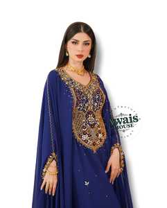 Kaftan Dubaï à manches longues en mousseline de soie, broderie de cristaux, sequins, simple, sobre, modeste, 100% polyester, longueur au sol, coupe trapèze - Product Image 4