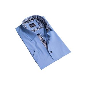 Chemise d'été pour homme à manches courtes, coupe ajustée, motif triangle bleu, détails tissés - Product Image 1