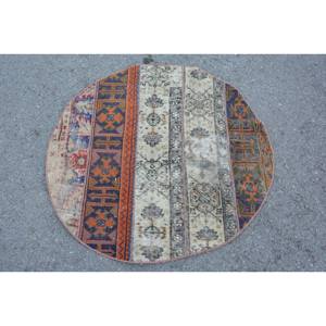 Vintage Turkish Rug 3.1 X 3.1ft Orange Beige Classic Large Area Woolen Patchwork Design Rectangle Hallway Style Latex for Rooms - Product Image 1