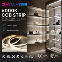 RAYMATES Premium UL ETL 480leds/m 2700K Strip Lampu Fleksibel COB DC24V Lampu Strip LED COB untuk Pencahayaan Rumah Pintar Modern