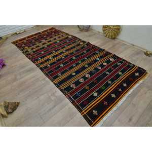 พรมตุรกีขนาด 4.6x9.9 ฟุต, พรมวินเทจขนาดใหญ่, พรมขนสัตว์สีดำลายอิคัต - Product Image 2