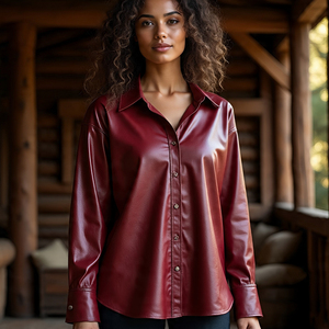 Camisa de piel de oveja de gran tamaño para mujer, prendas de vestir exteriores de manga larga con cuello de plumón y diseño abotonado, estilo de moda Vintage - Product Image 5