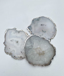 Best Quality Natural White <b>Agate</b> Stone <b>Coaster</b> Gold Silver Side Trim Quality Drink Mat Pads Silver Electroplated - Product Image 3