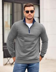 Sudadera acolchada para hombre, informal, de manga larga, para Polo, suéter con cremallera de cuarto, cuello falso, tejido sólido para invierno - Product Image 5