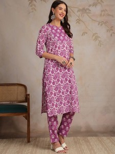 Mujeres étnicas púrpura Floral impreso puro algodón recto Kurta con pantalones y Dupatta indio pakistaní salwaar kameez traje - Product Image 3