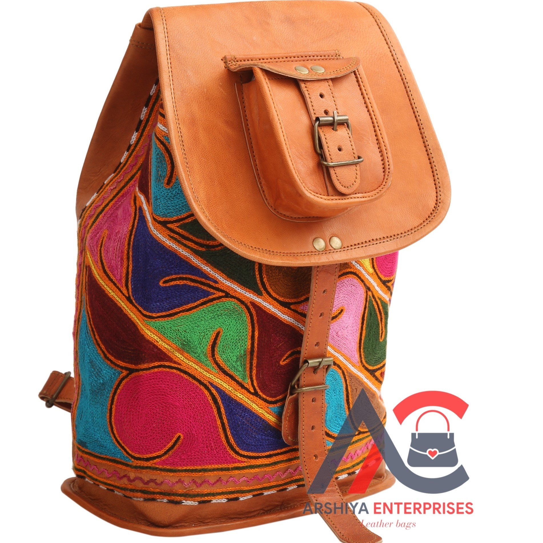 Real Leather Embroidery Backpack Ethnic Leather Rucksack Bag 