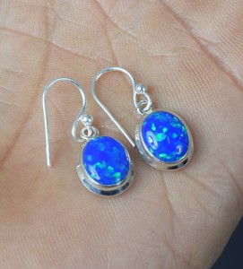 925 Solid Sterling Silver October Birthstone <b>Earrings</b> Lab Blue <b>Opal</b> Oval Shape with Bezel Setting and Hook Design - Product Image 3
