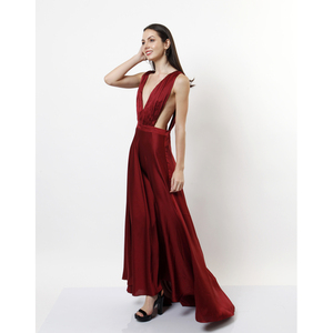 Vestido de noche de satén rojo elegante hecho a mano para mujer, escote en V profundo, vestido largo hasta el suelo, lados abiertos, plisado cómodo para eventos formales - Product Image 2
