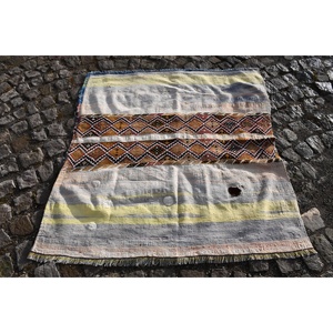 Alfombra turca Étnica Vintage 4,3 X 4.6ft Clásico Blanco Amarillo Patchwork Diseño Lana Látex Rectangular Área grande para sala de pasillo - Product Image 1