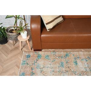 Vintage Turkish Rug, 3.2x7.4 ft Accent Rug, <b>Brown</b> Blue Striped <b>Wool</b> Rug - Product Image 3