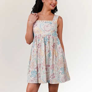 Women's Cotton Dobby Printed Mini Dress Elegant Casual Style Elastic Waist Hollow Decoration Knee-Length XS XL for Club ODM - Product Image 1