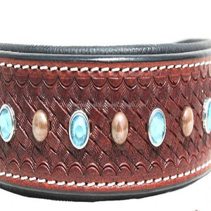 Customized Turquoise Crystal & Studs Top Layer Leather Dog Collar Hand Tooled <b>Basket</b> Weave Pet Collar with Solid Brass Hardware - Product Image 4