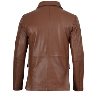 <b>Men</b>’s Cognac <b>Leather</b> <b>Blazer</b> Jacket Notch Lapel Two Button Slim Fit Coat - Product Image 2