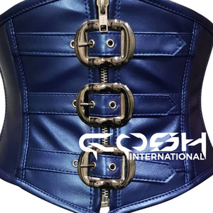 Premium Quality Short Torso <b>Underbust</b> Steel Boned Waist Training Synthetic Real Blue Leather <b>Corset</b> Maker From Pakistan - Product Image 5