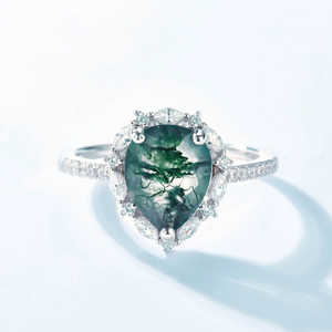 Anillo de compromiso de ágata de musgo verde de corte brillante de pera y Diamante Anillos de compromiso vintage de Plata de Ley 925 para mujer - Product Image 1