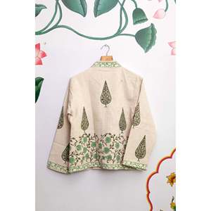 Green Leaf Block Print Quilted <b>Jacket</b> for <b>Ladies</b> <b>Lightweight</b> PU Leather Bomber Varsity Style Boho Blazer Pattern Short Length XL - Product Image 3