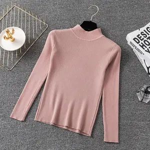 Penjualan terlaris Odm pakaian rajut cetak modis terlihat tipis kemeja rajut Sweater Pullover Turtleneck untuk wanita