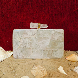 Double Sided Natural Quartz Gemstone Panelled <b>Clutch</b> with Polished Stone Inlay Gold Frame Handcrafted Luxury Statement <b>Bag</b> - Product Image 4