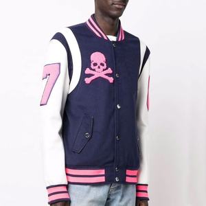 Logotipo personalizado hombres mujeres clásico de cuero de lana costura negro blanco chaqueta cuello redondo Varsity Jacket - Product Image 3