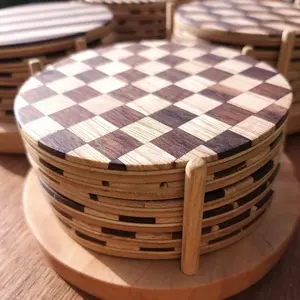 Walnut <b>Coasters</b> Handcrafted Wooden <b>Drink</b> <b>Coasters</b> Set Checkered Pattern Round <b>Coasters</b> for Hot and Cold <b>Drinks</b> Table - Product Image 1