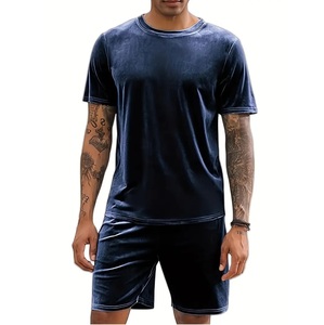Ensemble de survêtement en velours pour hommes, t-shirts et shorts, streetwear, ensemble de shorts en velours 2 pièces, service OEM, chemises d'été, survêtement en velours respirant - Product Image 4