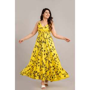 Vestido Largo SHKUP1362 Amarillo con Estampado Floral, Sin Mangas, Corte Evase, Transpirable, Cintura Natural, para Fiestas de Verano, Disponible en 2XL - Product Image 1
