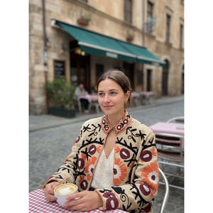 Anaar Bagh <b>Reversible</b> Suzani Embroidered Cotton <b>Jacket</b> for Ladies Finished Product Bomber Ivory Maroon Marigold Blooms Spring - Product Image 5