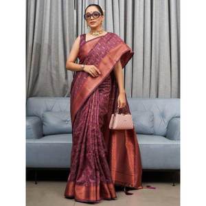 Magnifique sari en soie douce tissée de couleur marron avec un chemisier pour les festivals et les mariages - Product Image 5