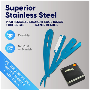 ชุดมีดโกนขอบตรงแบบมืออาชีพไทเทเนียมสีน้ำเงินรวม100ใบมีดเดี่ยวมีดโกนตัดผมสเตนเลสใบมีดแบบใช้แล้วทิ้ง - Product Image 2